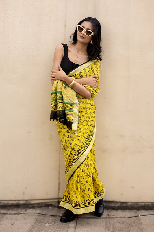 Retro Chic yellow hand block printed linen cotton saree for casual wear