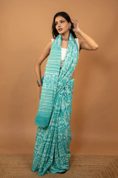 Sea green hand block printed mulmul cotton saree