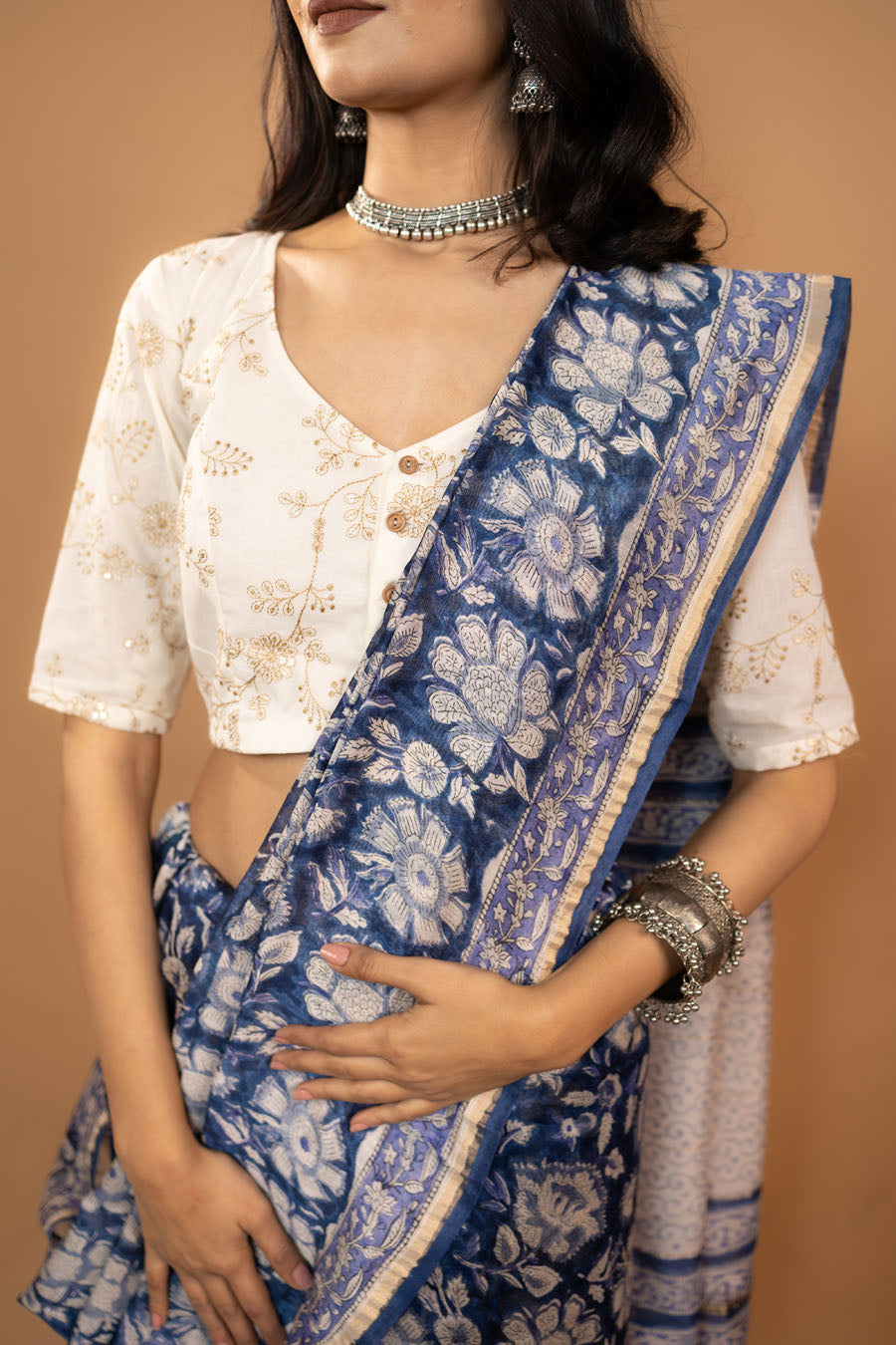Silk Aura – Navy Blue Hand Block Printed Chanderi Silk Saree MeMaana
