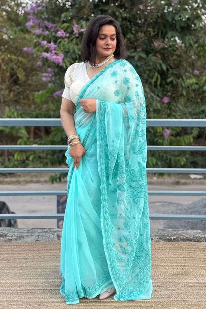 Sea green georgette chikankari saree full drape front view
