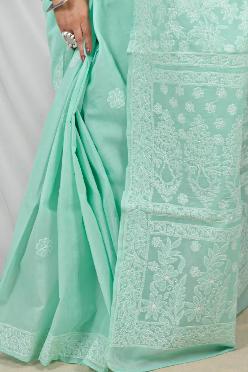Handcrafted Green Cotton Designer Saree with intricate Lucknowi Chikankari Embroidery ,With a Matching Blouse ideal for Festive and wedding occasions