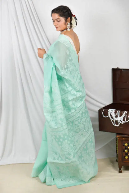 Handcrafted Green Cotton Designer Saree with intricate Lucknowi Chikankari Embroidery ,With a Matching Blouse ideal for Festive and wedding occasions
