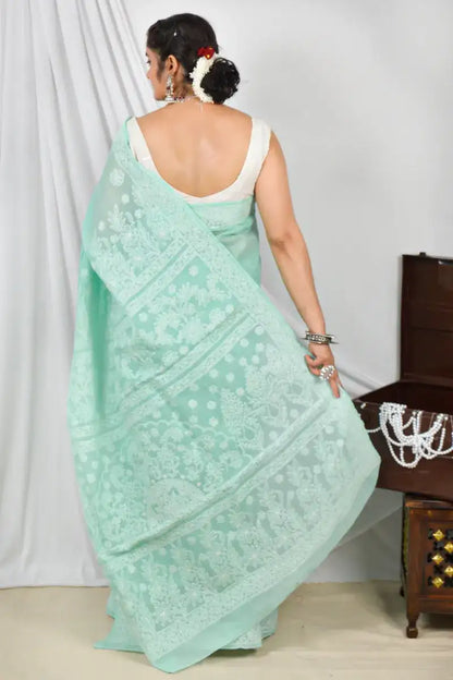 Handcrafted Green Cotton Designer Saree with intricate Lucknowi Chikankari Embroidery ,With a Matching Blouse ideal for Festive and wedding occasions
