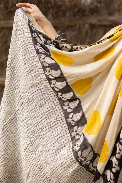 Sharmila - Yellow and White Hand Block Printed Linen Cotton Saree MeMaana