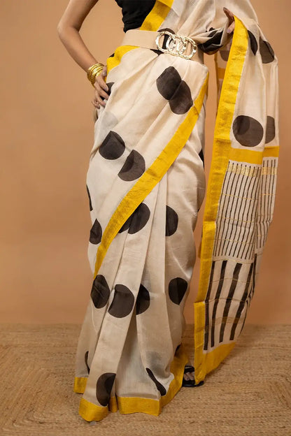 Cream block printed Maheshwari silk saree with polka dot pattern