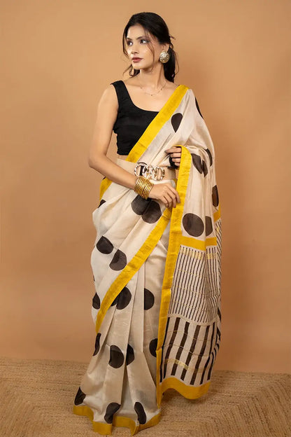 Cream block printed Maheshwari silk saree with polka dot pattern