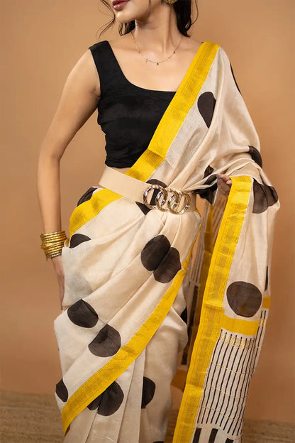 Cream block printed Maheshwari silk saree with polka dot pattern