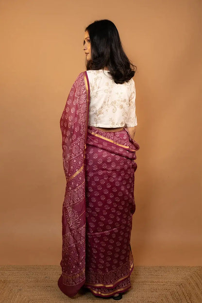 Style Affair pink hand block printed Chanderi silk saree
