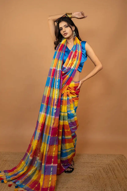 Multi color pure mulmul cotton saree with zari block