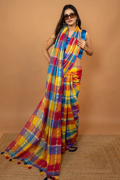 Multi color pure mulmul cotton saree with zari block