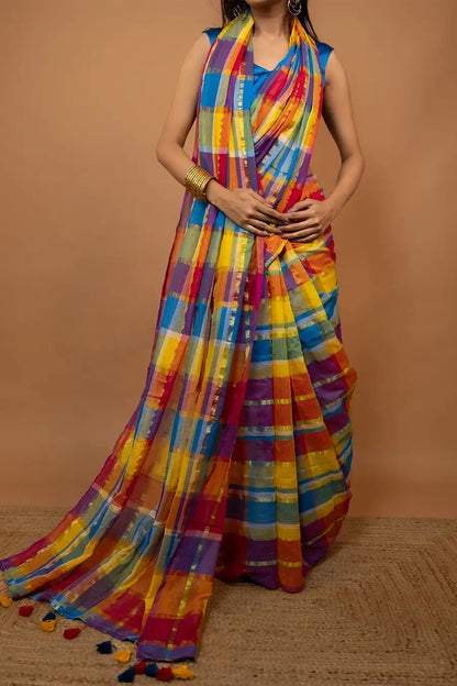 Multi color pure mulmul cotton saree with zari block