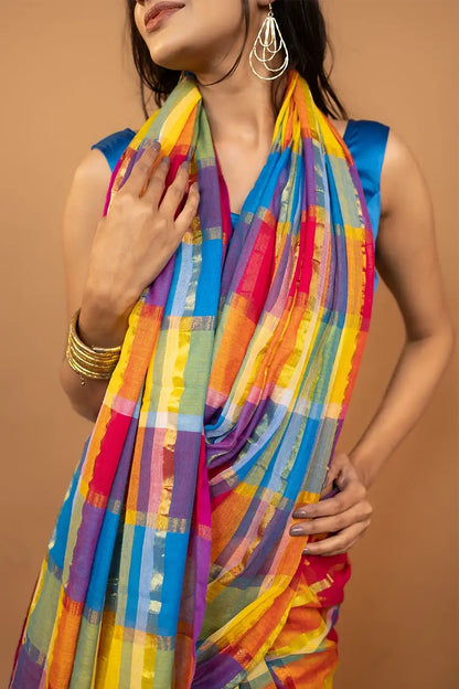 Multi color pure mulmul cotton saree with zari block