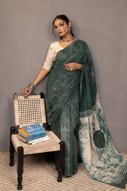 Taana Baana - Green Hand Block Printed Mulmul Cotton Saree MeMaana
