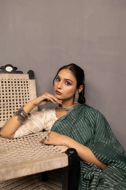 Taana Baana - Green Hand Block Printed Mulmul Cotton Saree MeMaana