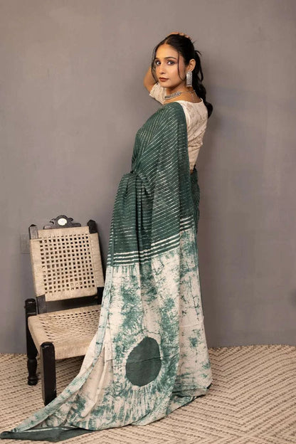 Taana Baana - Green Hand Block Printed Mulmul Cotton Saree MeMaana