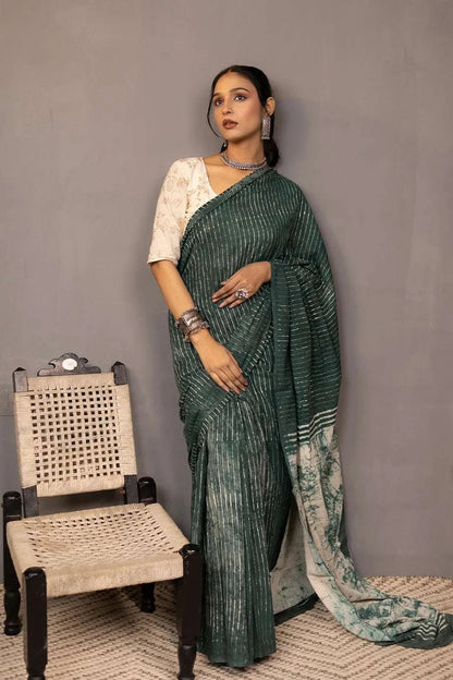 Taana Baana - Green Hand Block Printed Mulmul Cotton Saree MeMaana