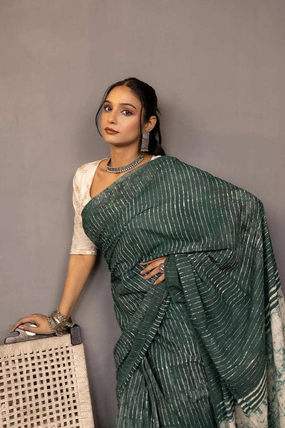 Taana Baana - Green Hand Block Printed Mulmul Cotton Saree MeMaana