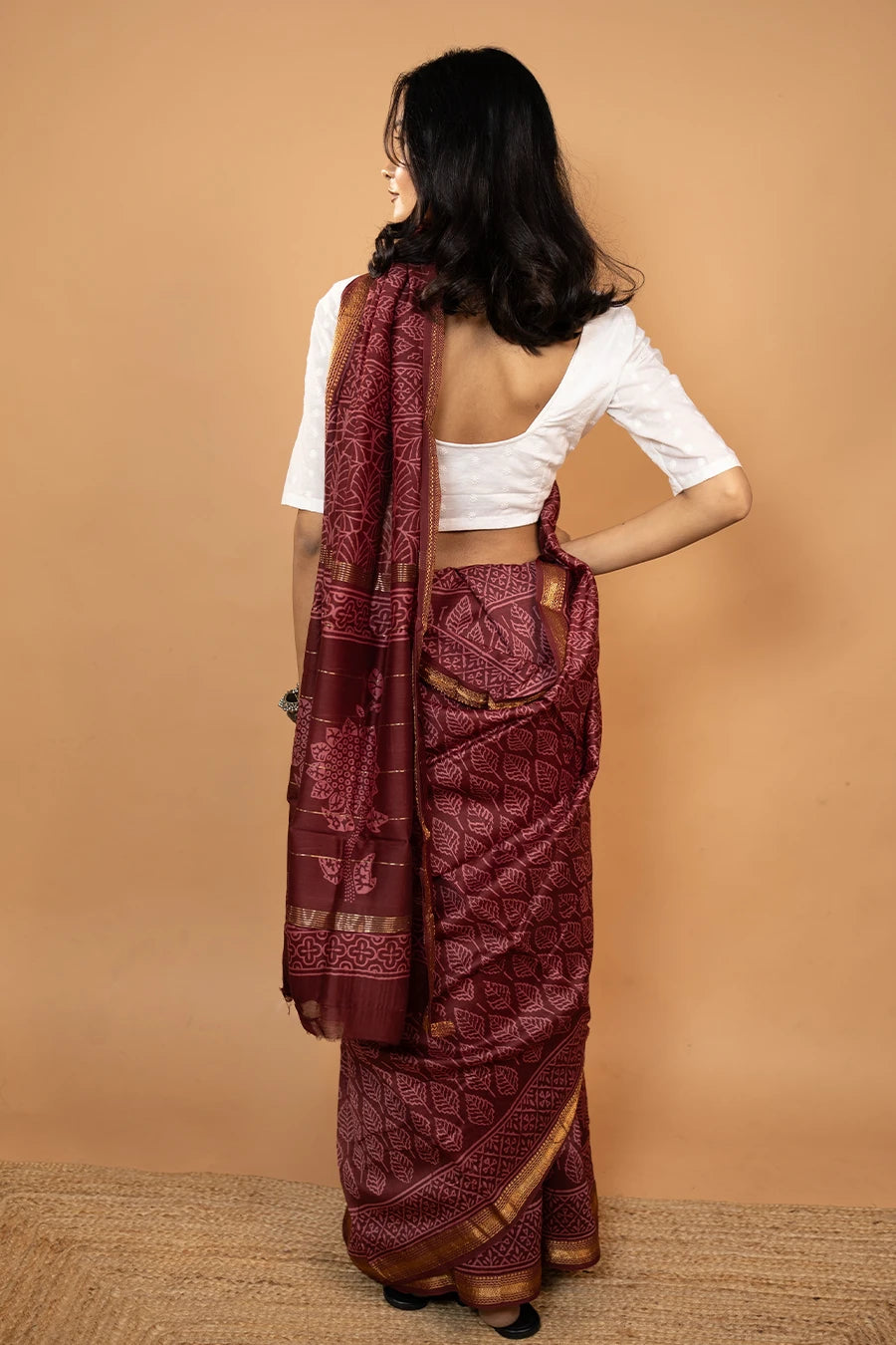 Maroon block printed Maheshwari silk saree