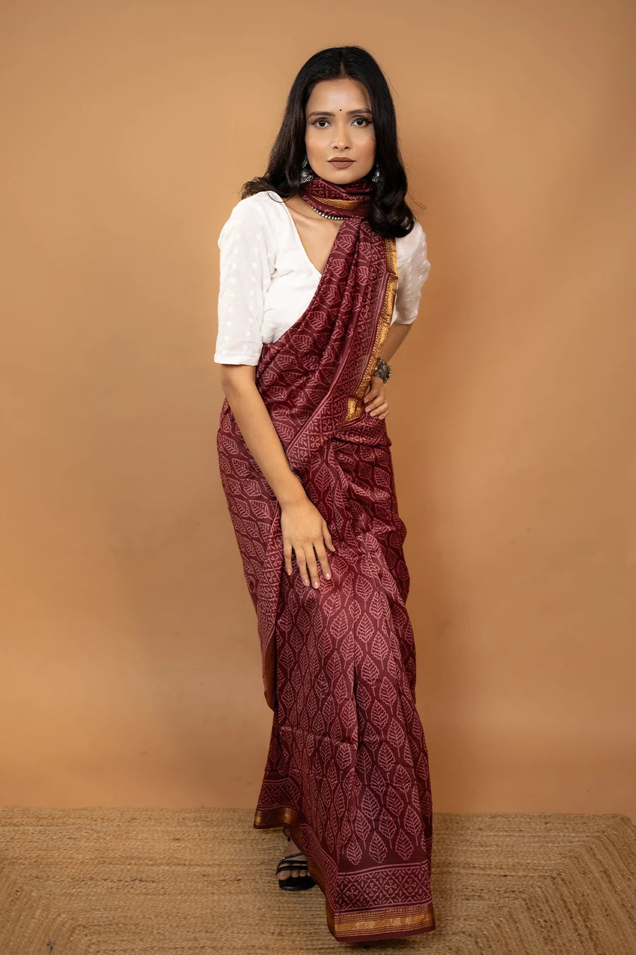 Maroon block printed Maheshwari silk saree