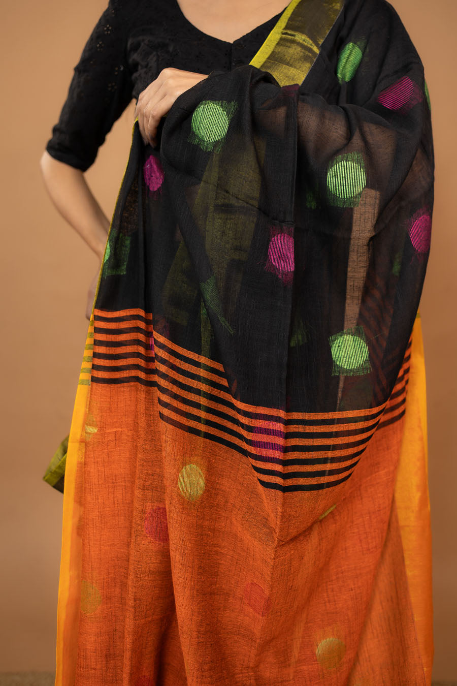 The Navika Loom black handloom khadi cotton saree