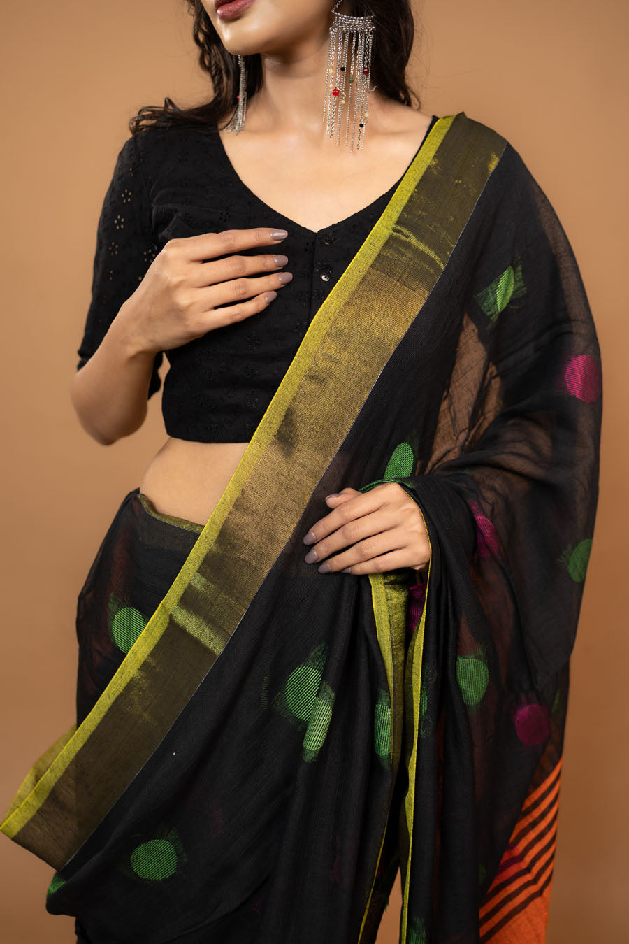 The Navika Loom black handloom khadi cotton saree