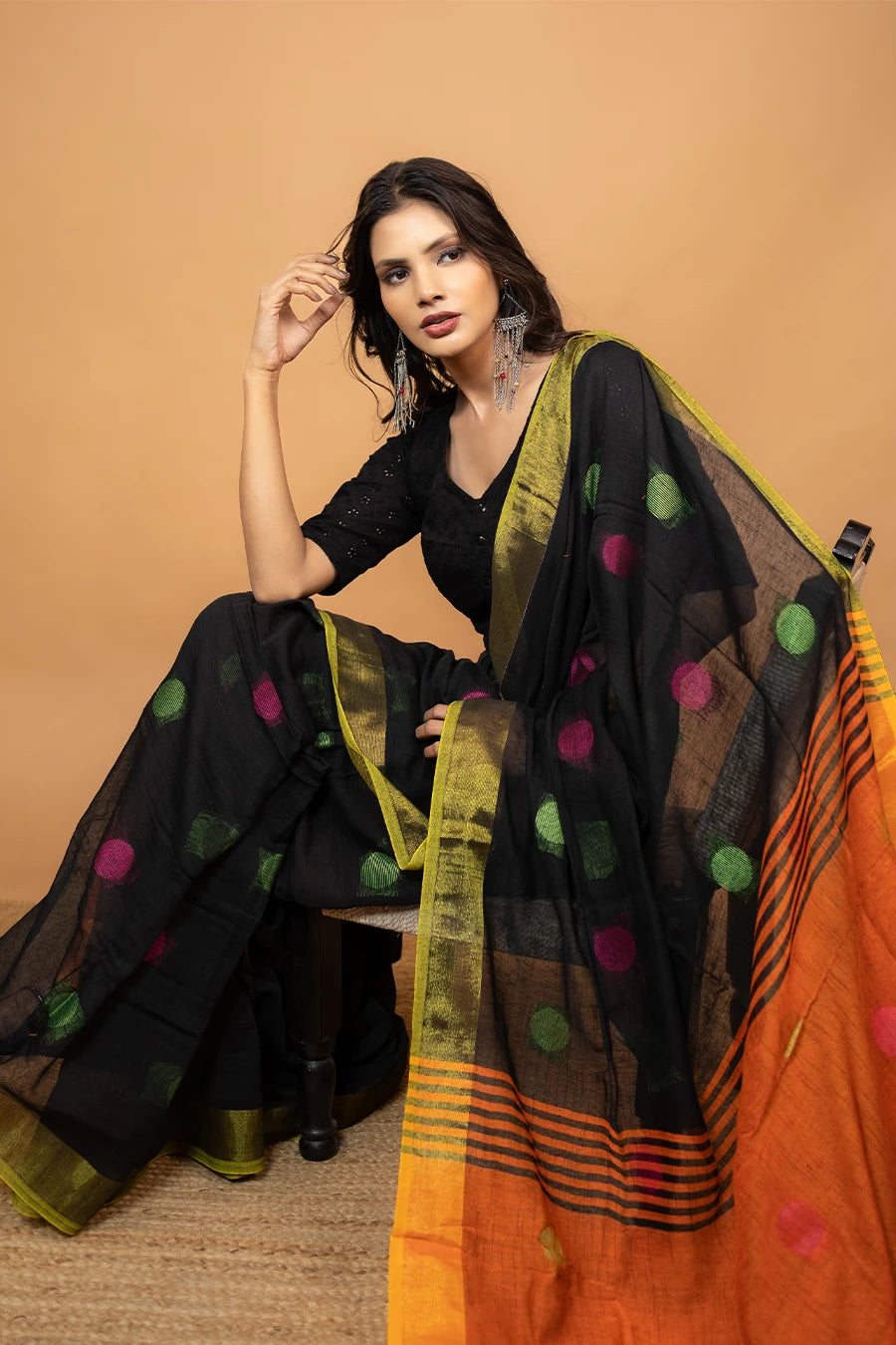 The Navika Loom black handloom khadi cotton saree