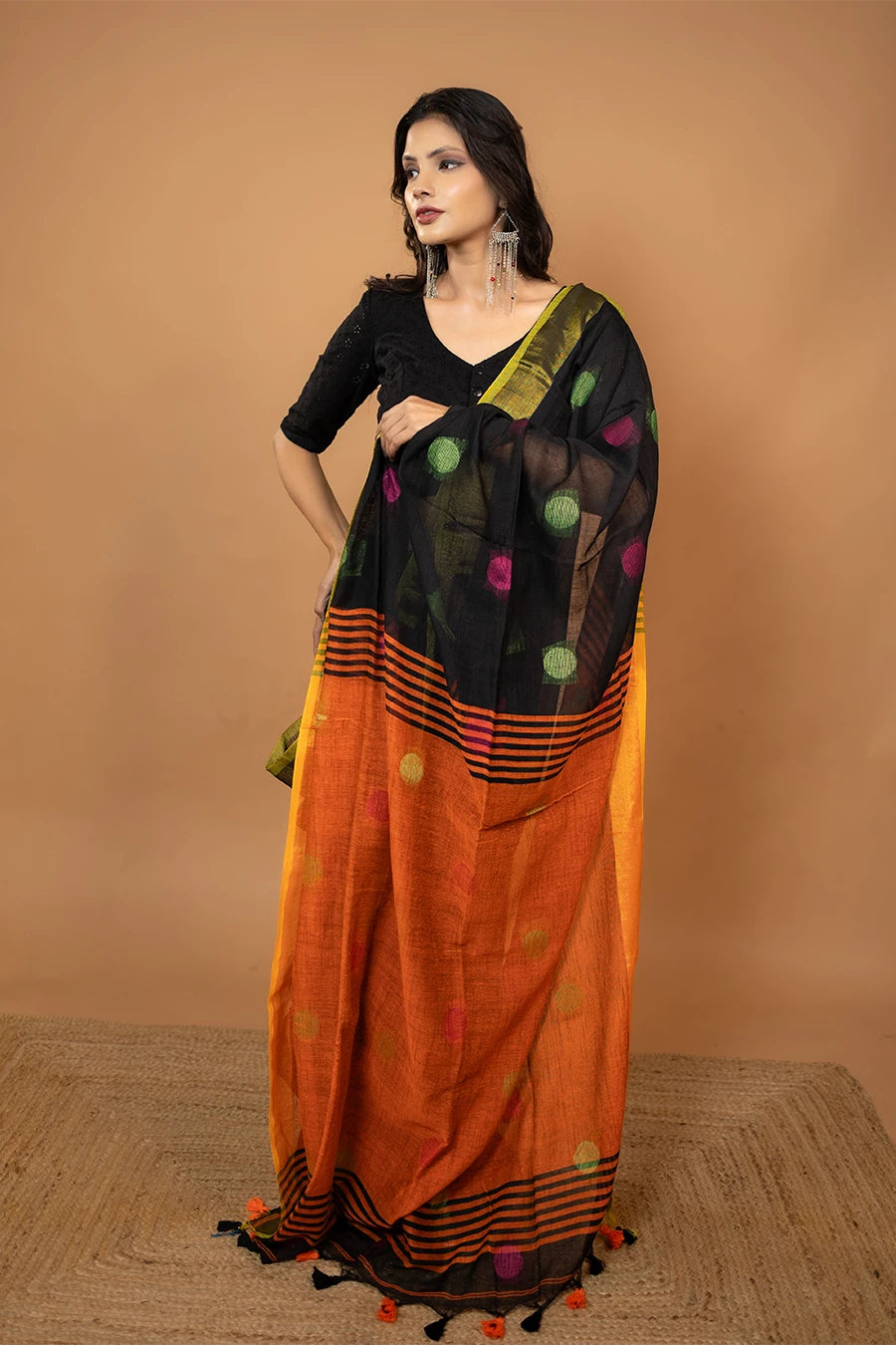 The Navika Loom black handloom khadi cotton saree