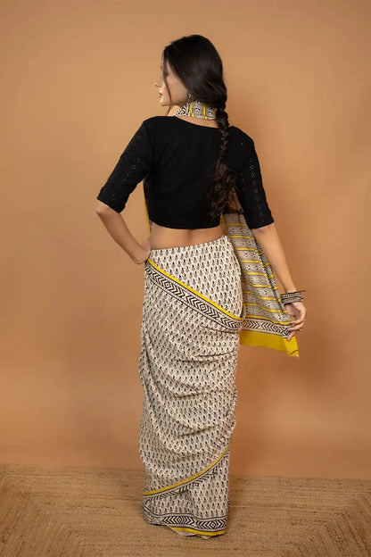 The Pranaya Edit black yellow hand block printed mulmul cotton saree