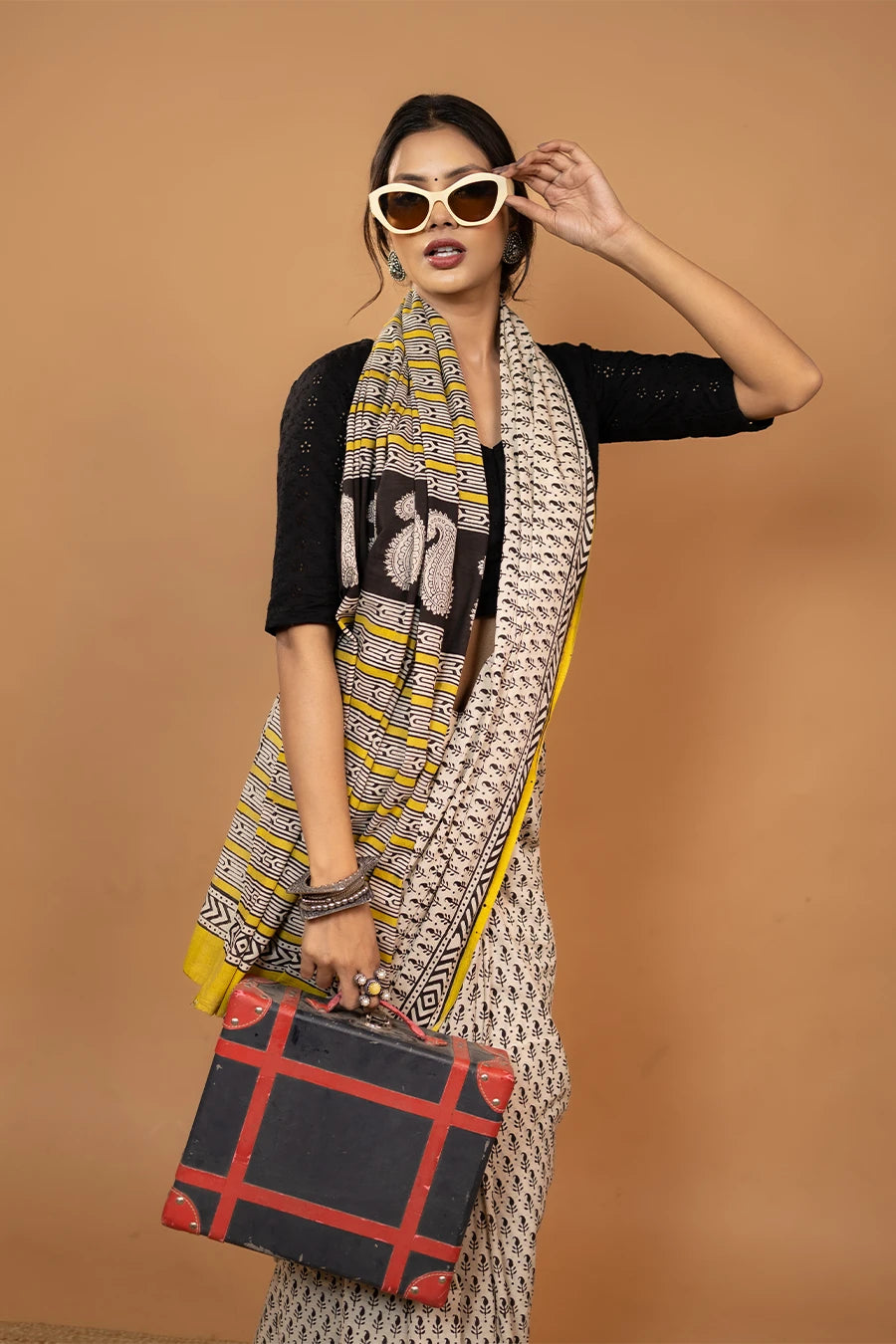 The Pranaya Edit black yellow hand block printed mulmul cotton saree