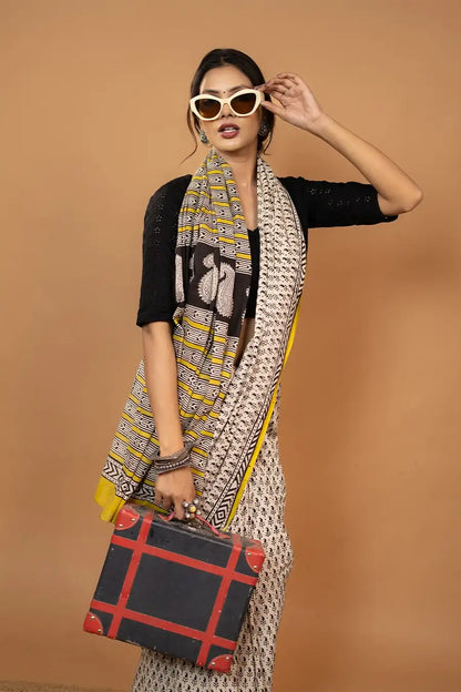 The Pranaya Edit black yellow hand block printed mulmul cotton saree