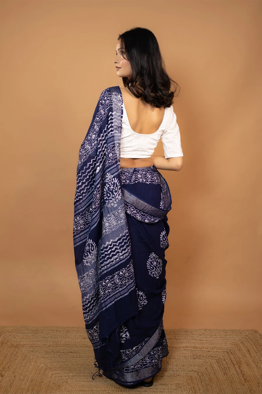 Vaidehi Loom navy blue hand block printed linen cotton saree