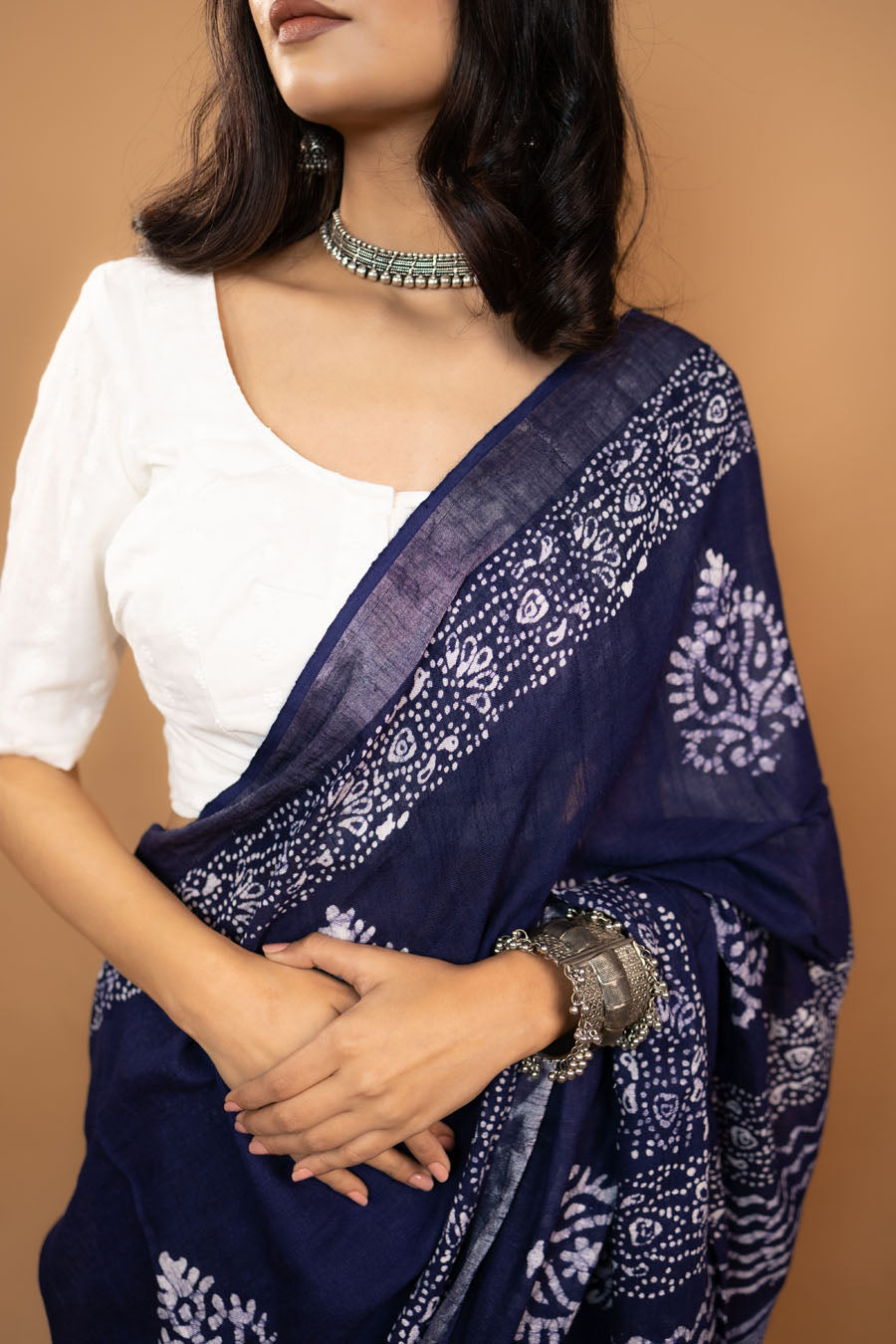 Vaidehi Loom navy blue hand block printed linen cotton saree