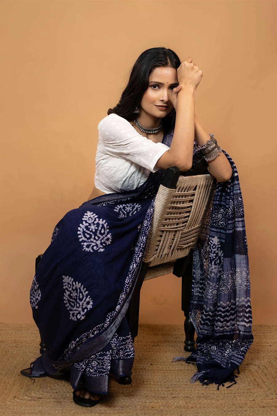 Vaidehi Loom navy blue hand block printed linen cotton saree