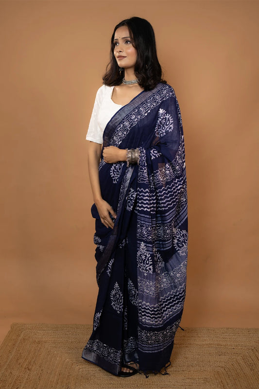 Vaidehi Loom navy blue hand block printed linen cotton saree