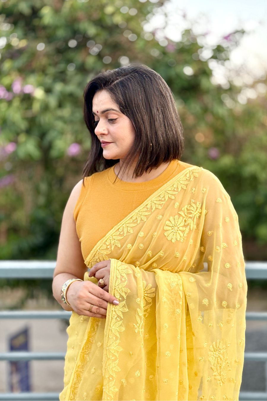 Side View of Yellow Saree Draping Style