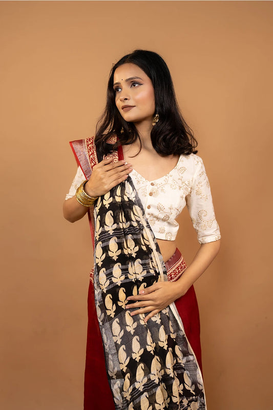 Ziya Fold red black hand block printed linen cotton saree